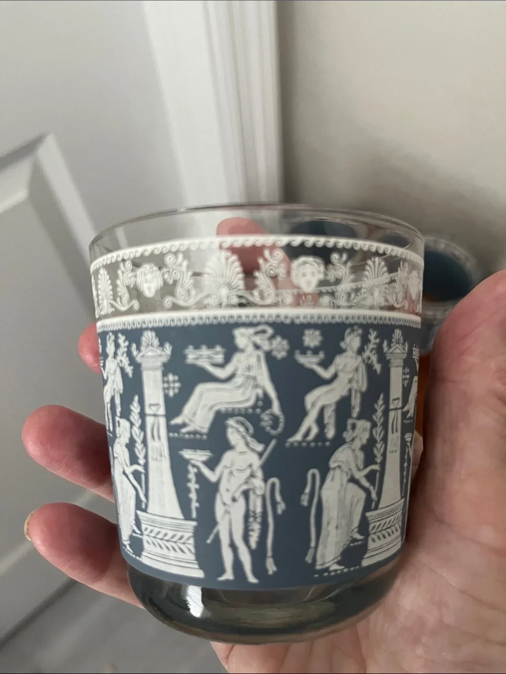 Jeannette Glass Grecian Jasperware Blue and White Classical Motif Glasses (5)